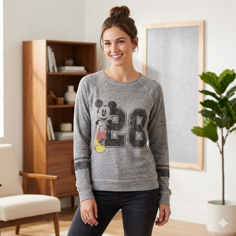 Disney Womens Size Medium Mickey Mouse Gray Pullover Top 28 Graphic Long‎ Sleeve
